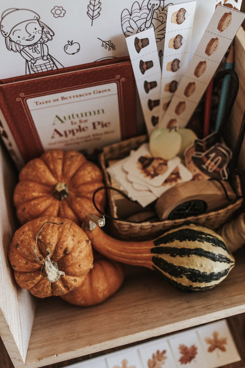 image of gourds in a basket with fall-themed homeschool curriculum