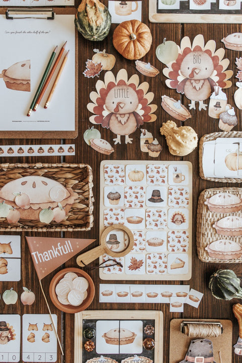 Image of Thanksgiving learning activities arranged on a table
